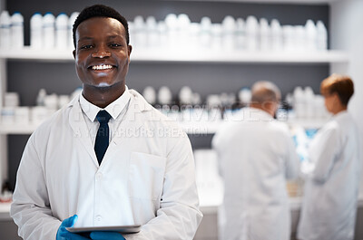 Buy stock photo Portrait, science and black man, lab and tablet for research, connection and success with experiment. Face, happy African American male research and scientist in laboratory, device or online reading 