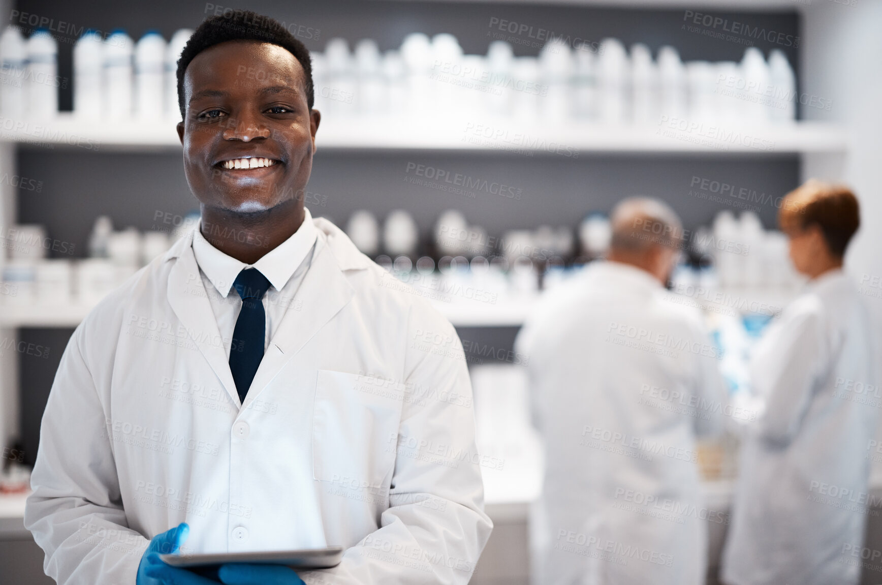 Buy stock photo Portrait, science and black man, lab and tablet for research, connection and success with experiment. Face, happy African American male research and scientist in laboratory, device or online reading 