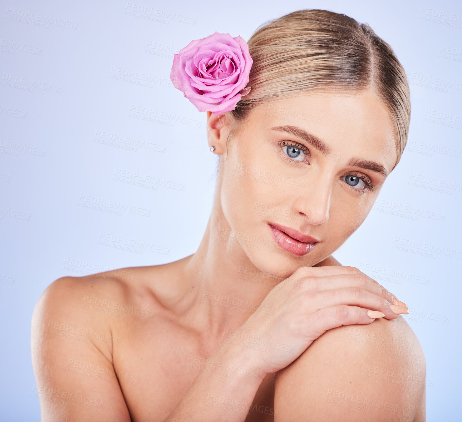 Buy stock photo Beauty, skincare and rose with portrait of woman for self care, natural cosmetics and glow. Spring, spa and facial treatment with girl model and flowers for blossom, organic and plants in studio 