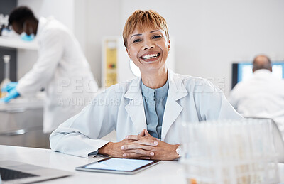 Buy stock photo Portrait, science and woman with tablet, laboratory and success with experiment, happiness and update results. Face, senior female researcher and happy scientist with device, smile and data analytics