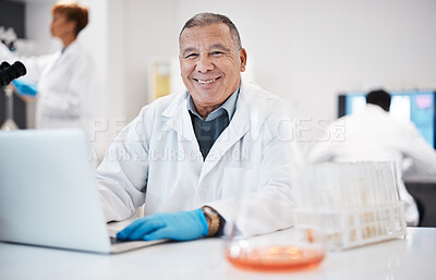 Buy stock photo Happy, research and portrait of a scientist with a laptop for healthcare, virus results and email. Lab, science and mature man typing on a computer for medical innnovation, analysis and report