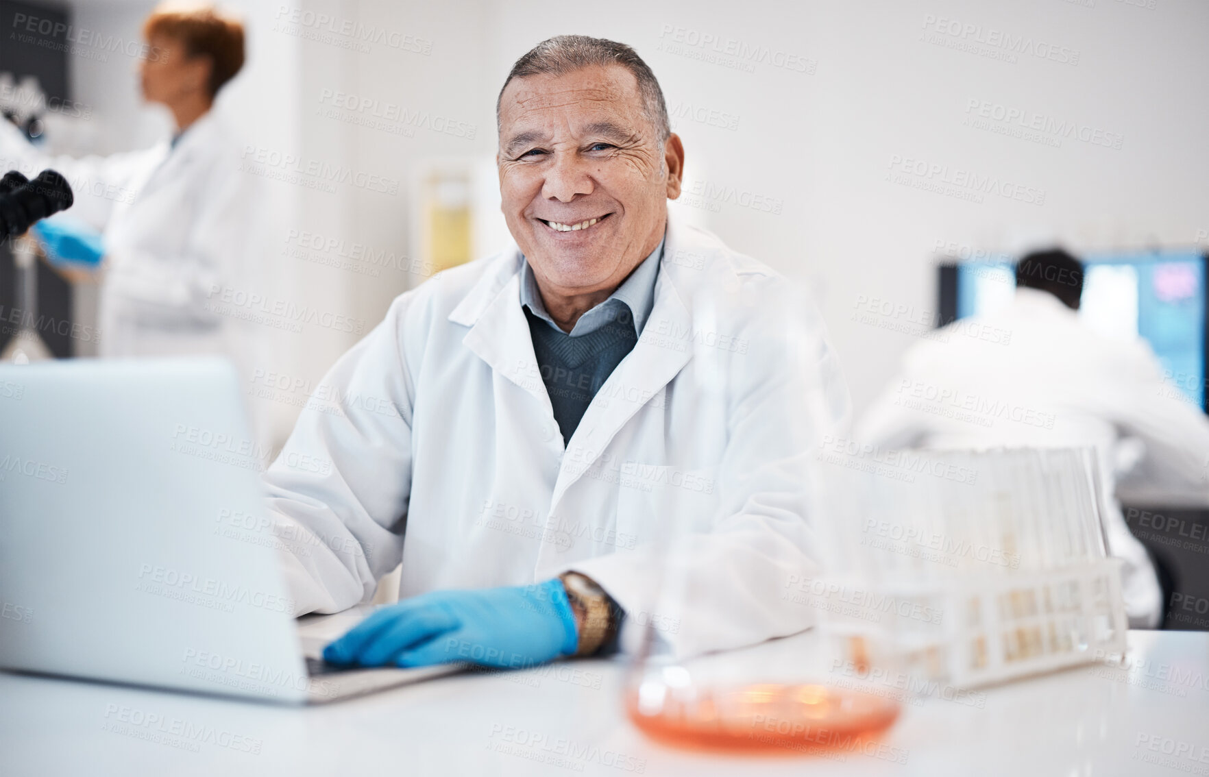 Buy stock photo Happy, research and portrait of a scientist with a laptop for healthcare, virus results and email. Lab, science and mature man typing on a computer for medical innnovation, analysis and report