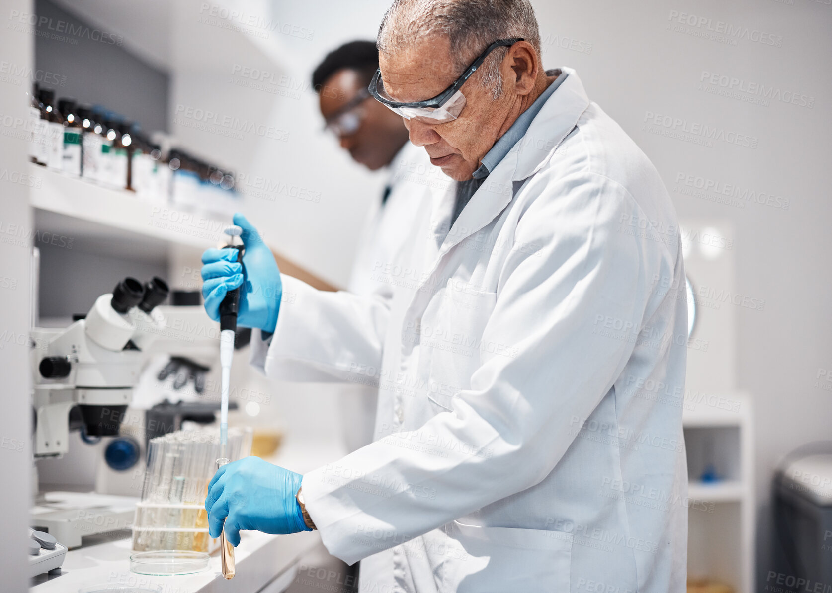 Buy stock photo Healthcare, science and scientist with a chemical for research, medicine and physics analysis. Lab, innovation and a mature man with a liquid for chemistry test, medical education and biology