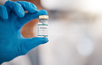 Buy stock photo Monkeypox, healthcare and hand of doctor with vaccine development for virus, infection and medicine. Science, pharmaceutical wellness and health worker with vial, bottle and medical care for disease