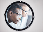 Science, research and black man in laboratory incubator window for experiment, study and medical test. Healthcare mockup, biotechnology and male scientists with concentration for sample storage