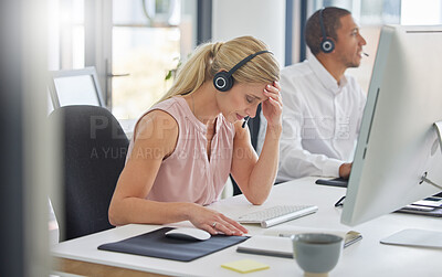 Buy stock photo Headache, tired call center woman in stress, fatigue or depression problem at telemarketing sales career. Mental health risk, sad or depressed consultant, professional advisor or telecom agent person