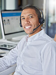 Black man, call center portrait and smile by computer for consulting, contact us and tech support in office. Crm expert, consultant and customer service agent with happiness, telemarketing and sales