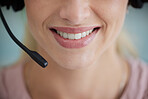 Closeup, mouth and woman with headset, call center and telemarketing for customer service, conversation and advice. Zoom, female agent and happy consultant with headphones, tech support and help desk