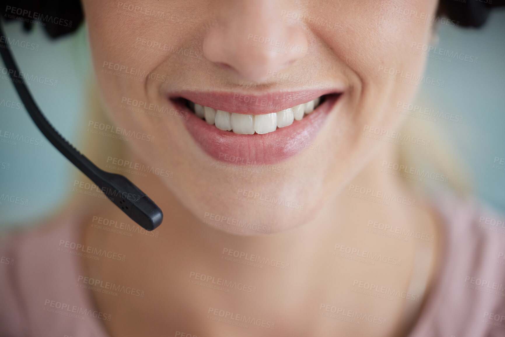 Buy stock photo Closeup, mouth and woman with headset, call center and telemarketing for customer service, conversation and advice. Zoom, female agent and happy consultant with headphones, tech support and help desk