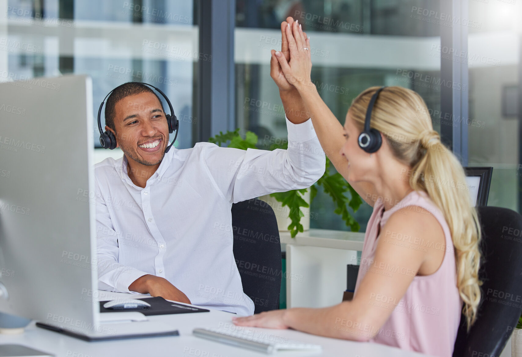 Buy stock photo High five, call center and teamwork with people in office for deal, success and customer service. Collaboration, consulting and celebration with man and woman for help desk, advisory and victory