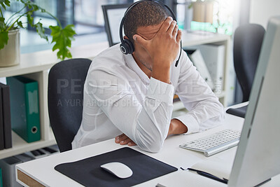 Buy stock photo Man, call center and stress in office, telemarketing and pressed with customer service, glitch or headache. Male employee, consultant or agent in workplace, tech support or anxiety with mental health