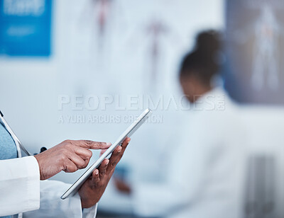 Buy stock photo Closeup, hands and doctor with a digital tablet for planning, internet and surgery schedule in a hospital. Hand, online and search by healthcare worker checking agenda, calendar and management app