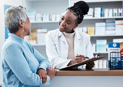 Buy stock photo Pharmacy, healthcare or insurance with a customer and black woman pharmacist in a dispensary. Medical, clipboard and trust with a female medicine professional helping a patient in a drugstore