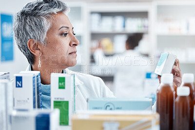 Senior woman, pharmacist and check with box, medicine or pills by shelf in store for healthcare services. Elderly pharma expert, retail stock and medical product for mockup space, health and wellness