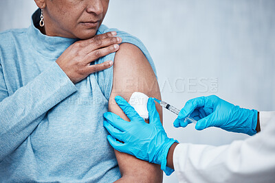 Buy stock photo Covid, vaccine and medical with arm of woman for virus, prevention and treatment. Consulting, healthcare and medicine with doctor and patient for injection, immunization and protection in pandemic 