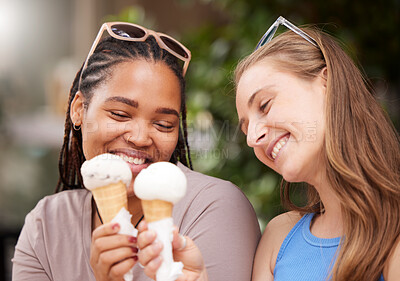 Buy stock photo Ice cream, girl friends and happiness of bonding together with diversity and friendship. Travel, summer fun and smile of a black woman and friend outdoor with cold dessert on holiday in the sun