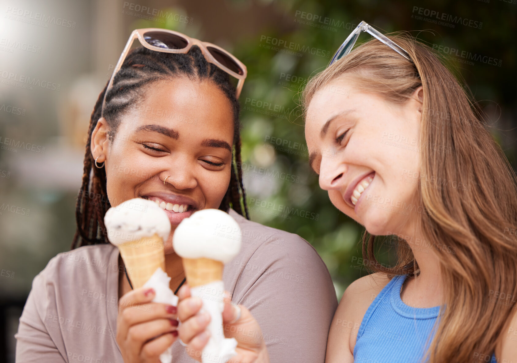 Buy stock photo Ice cream, girl friends and happiness of bonding together with diversity and friendship. Travel, summer fun and smile of a black woman and friend outdoor with cold dessert on holiday in the sun