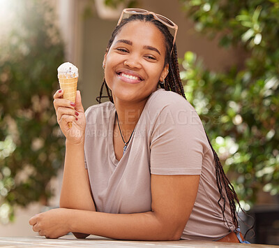 Buy stock photo Black woman with ice cream, happy with dessert outdoor and travel with freedom, snack and smile while on holiday. African female, happiness and eating gelato, summer and care free outside in Italy