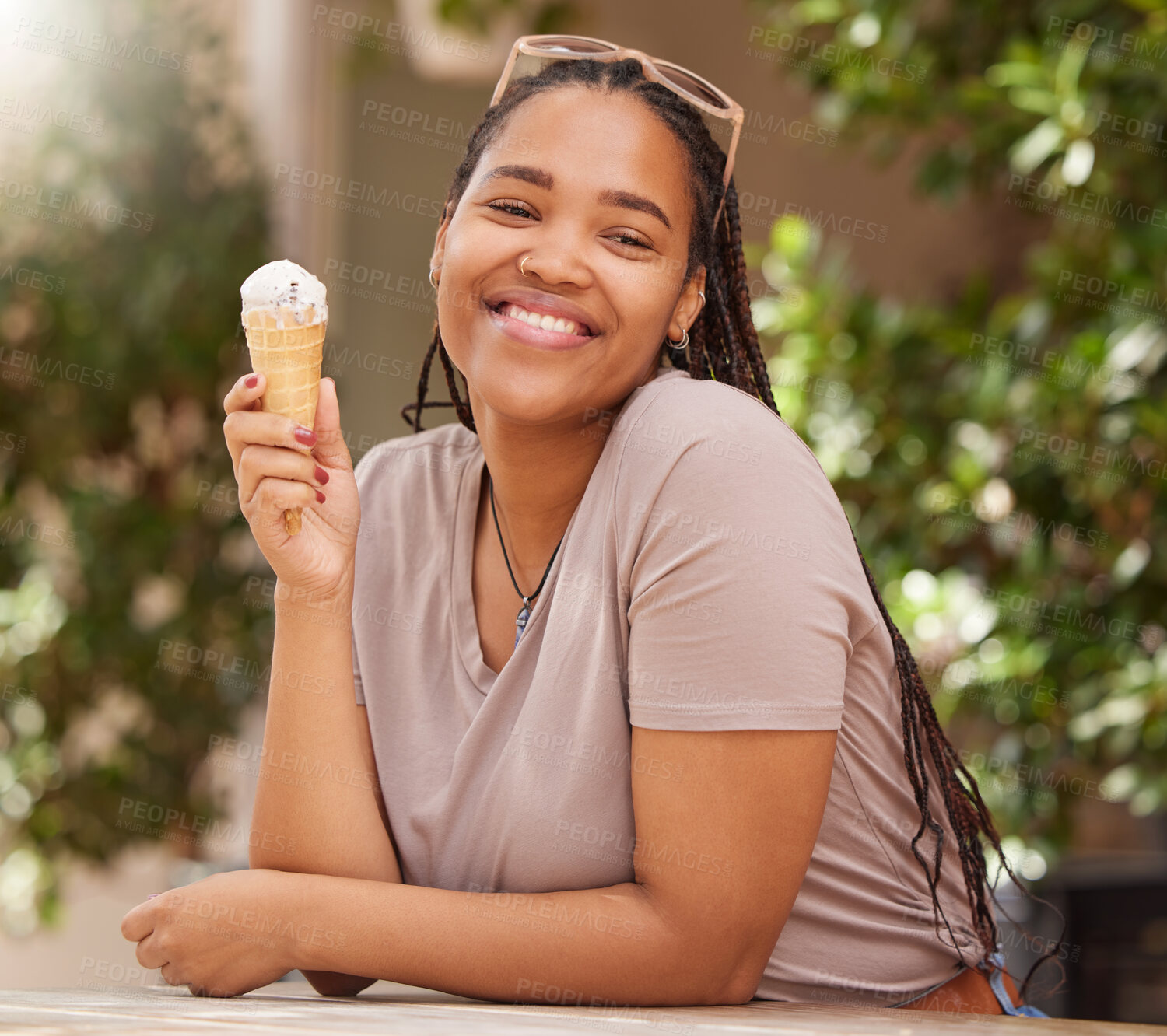 Buy stock photo Black woman with ice cream, happy with dessert outdoor and travel with freedom, snack and smile while on holiday. African female, happiness and eating gelato, summer and care free outside in Italy