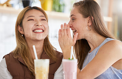 Buy stock photo Funny, gossip and smoothies with friends in cafe for for communication, sharing secret and bonding. Relax, laugh and news with women and whisper in coffee shop for rumor, trust and conversation