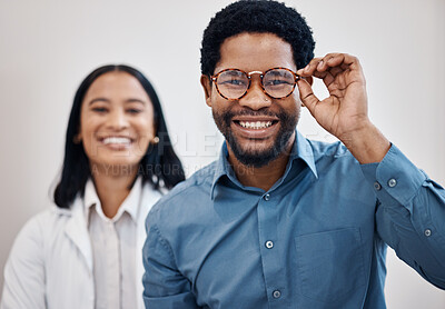 Buy stock photo Optometry, glasses and portrait of black man and doctor for retail, choice and vision. Shopping, healthcare and medical with patient and woman for decision, frames or eye care in ophthalmology clinic