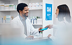 Pharmacy, payment and pharmacist with customer with card for medicine, drugs and medical prescription. Healthcare, wellness and black man help, service and smile at client with machine for medication