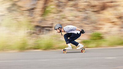 Skateboard, motion and mountain with man in road for speed, freedom and summer break. Sports, adventure and motion blur with guy skating fast in street for training, gen z and balance in nature