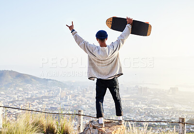 Buy stock photo Skateboard, freedom and mountains with man cheering for fitness, sports and adventure. Happiness, commitment and training with gen z guy skating in outdoors for travel, wellness and summer break