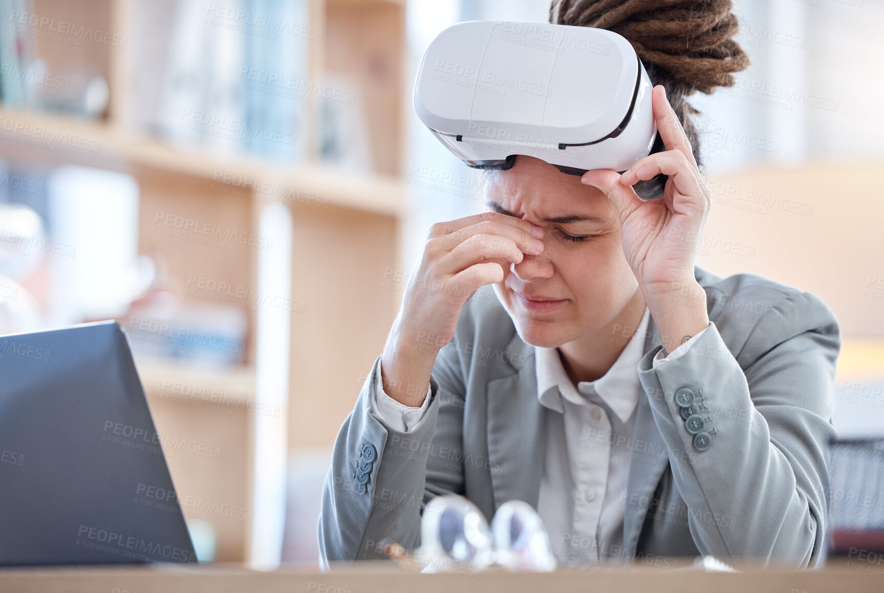 Buy stock photo Woman, vr and pain in office with eyes, headache and stress for futuristic web design, coding and goals. Burnout, eye care problem and girl with ar glasses, fatigue and frustrated face in workplace