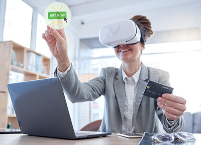 Buy stock photo Woman, laptop and online shopping with credit card in virtual reality for ecommerce or banking at office desk. Happy female shopper with headset for futuristic networking, metaverse or VR transaction