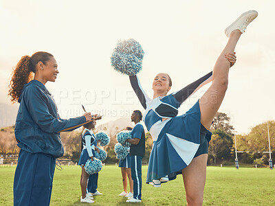 Buy stock photo Cheerleader, team coach and sports outdoor for fitness, training and warm up workout for group. Athlete woman and trainer together for competition, performance and motivation with cheerleading pompom