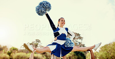 Buy stock photo Cheerleader, sky and sports woman performance with smile and energy to celebrate outdoor. Cheerleading person dance with team support, motivation and hands for training, workout or competition 