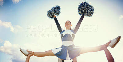 Cheerleader woman, sky and sports performance with smile and energy to celebrate outdoor. Cheerleading person dance with team support, motivation and hands for training, workout or competition