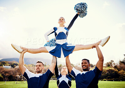 Buy stock photo Sports woman, sky and cheerleader performance with smile and energy to celebrate outdoor. Cheerleading person dance with team support, motivation and hands for training, workout or competition 