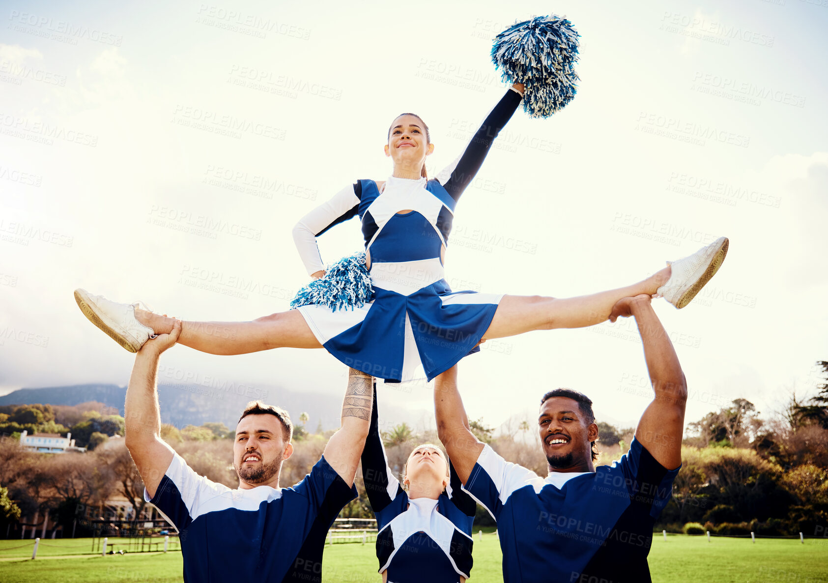 Buy stock photo Sports woman, sky and cheerleader performance with smile and energy to celebrate outdoor. Cheerleading person dance with team support, motivation and hands for training, workout or competition 