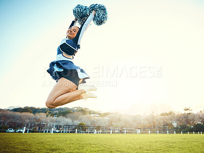 Buy stock photo Cheerleader, woman jump to sky for sports performance or celebration with energy outdoor. Cheerleading person dance in nature with space for training, exercise and sport competition to celebrate goal