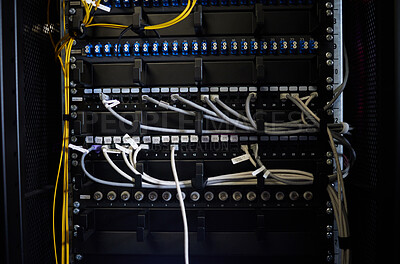 Buy stock photo Cables, wires or server room maintenance in engineering, software programming or cybersecurity IT. Zoom, repair or data center technology for cloud networking, database storage or erp database backup