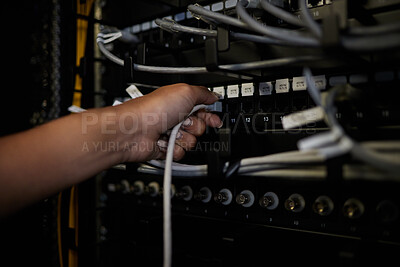 Buy stock photo Engineer hands, server room and connection cable for maintenance or software update at night. Cybersecurity, female programmer and woman holding wire for database, networking and cloud computing.