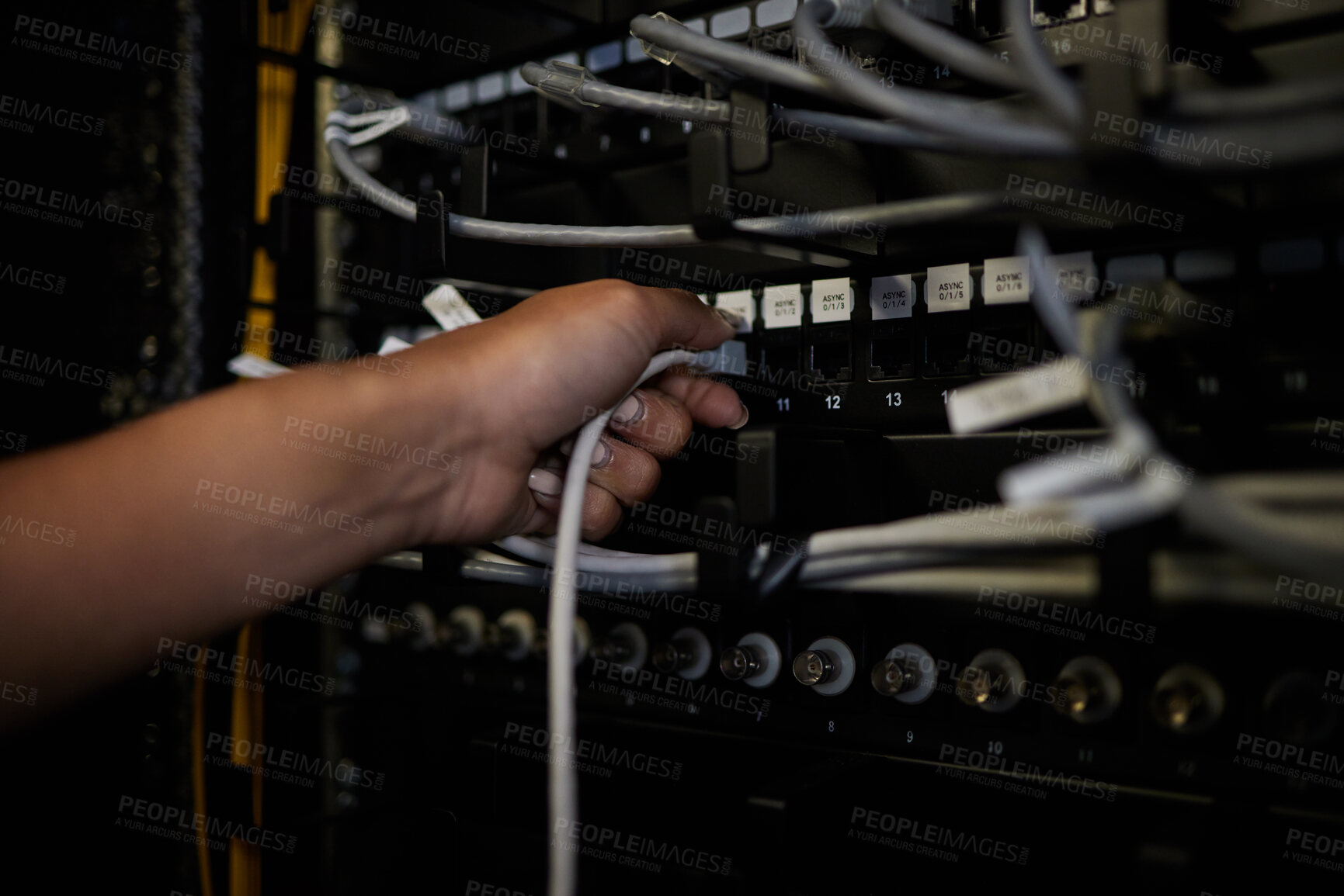 Buy stock photo Engineer hands, server room and connection cable for maintenance or software update at night. Cybersecurity, female programmer and woman holding wire for database, networking and cloud computing.