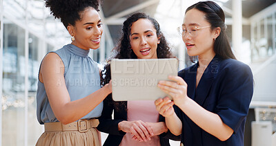 Tablet, walking and business women communication, marketing strategy and website planning in diversity. Digital technology, startup teamwork and creative employees review design, feedback and ideas