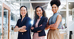 Corporate women, empowerment and portrait of team at creative marketing startup company. Teamwork, diversity and confident group of ladies with ideas in advertising industry standing in office lobby.