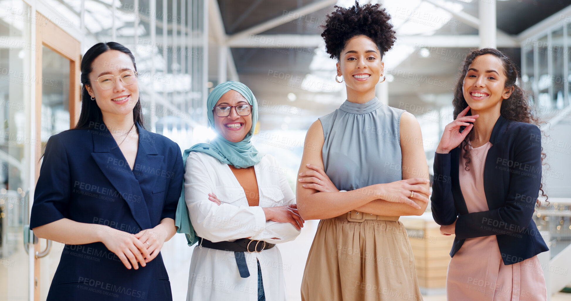 Buy stock photo Diversity, about us and portrait of women team in startup company ready for development of business. Teamwork, power and confident corporate happy employees with smile and leadership as management