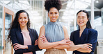 Empowerment, pride and portrait of team of women at creative marketing startup company. Teamwork, diversity and smile, confident group of happy women and ideas in advertising industry in office lobby