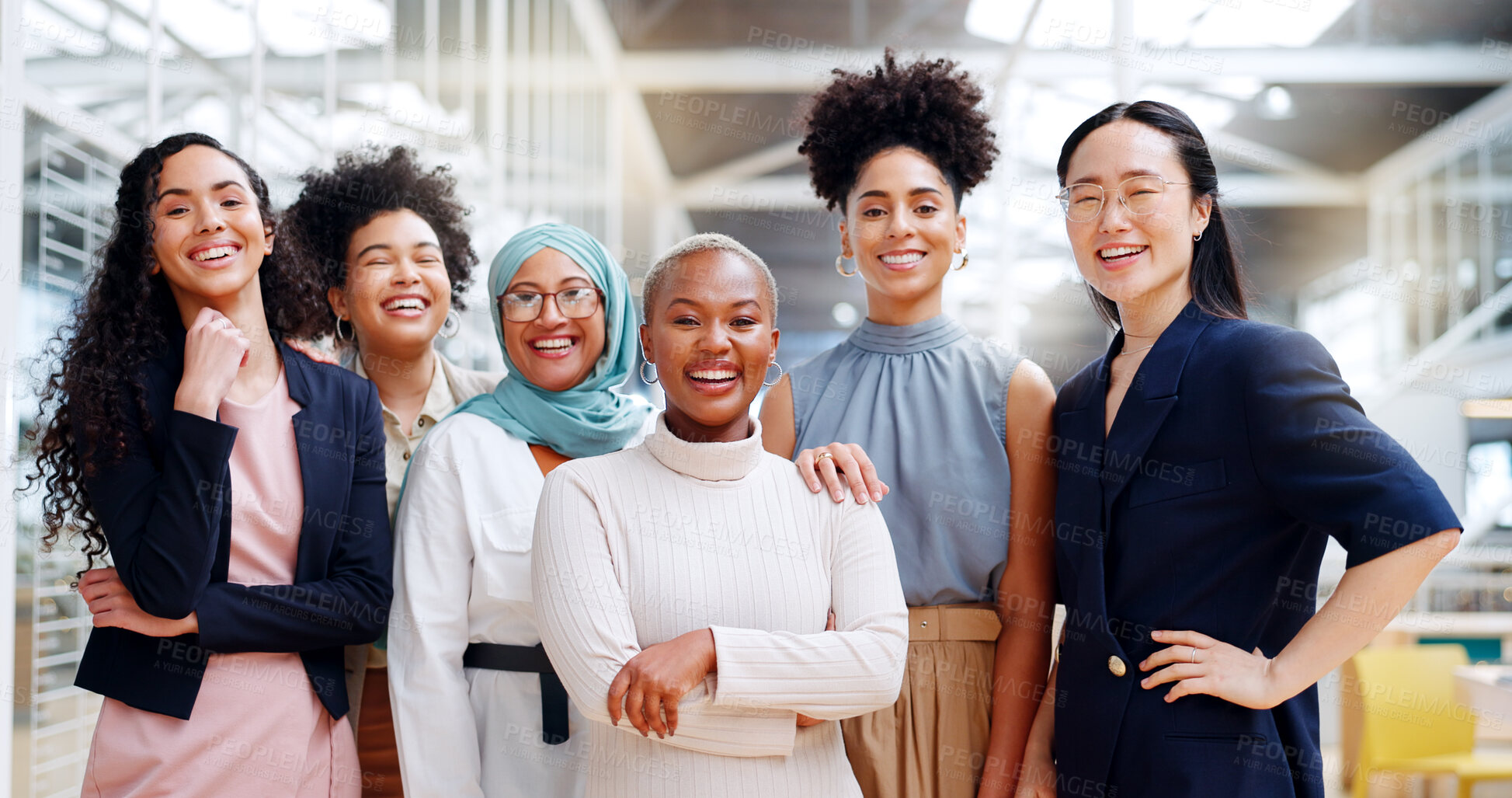 Buy stock photo Diversity, group and portrait of women team in startup company ready for development of business. Teamwork, power and confident corporate happy employees with smile and leadership as management