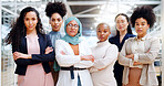 Leadership, empowerment and woman in hijab with team at creative marketing startup company. Teamwork, diversity and confident group of women with focus and power in advertising industry in office.