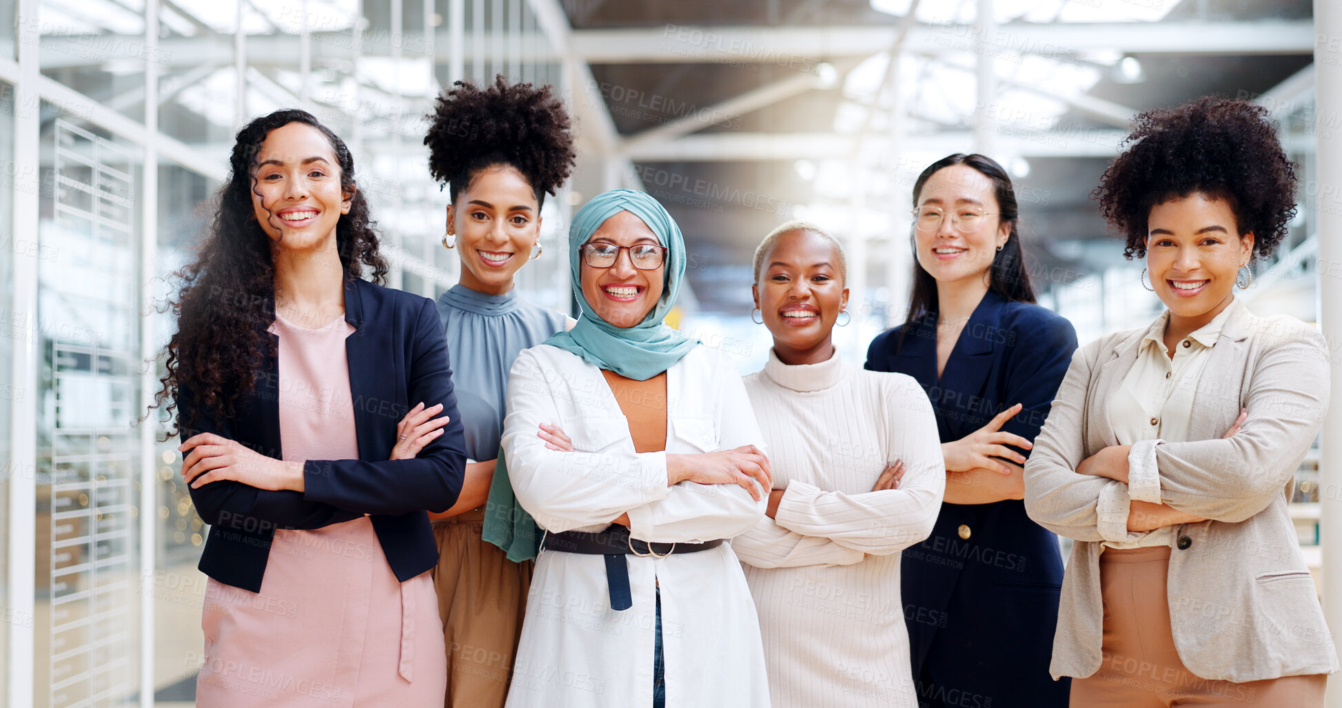 Buy stock photo Diversity, group and business women team in startup company ready for development or about us of agency. Teamwork, smile and confident corporate happy employees and leadership as management in office