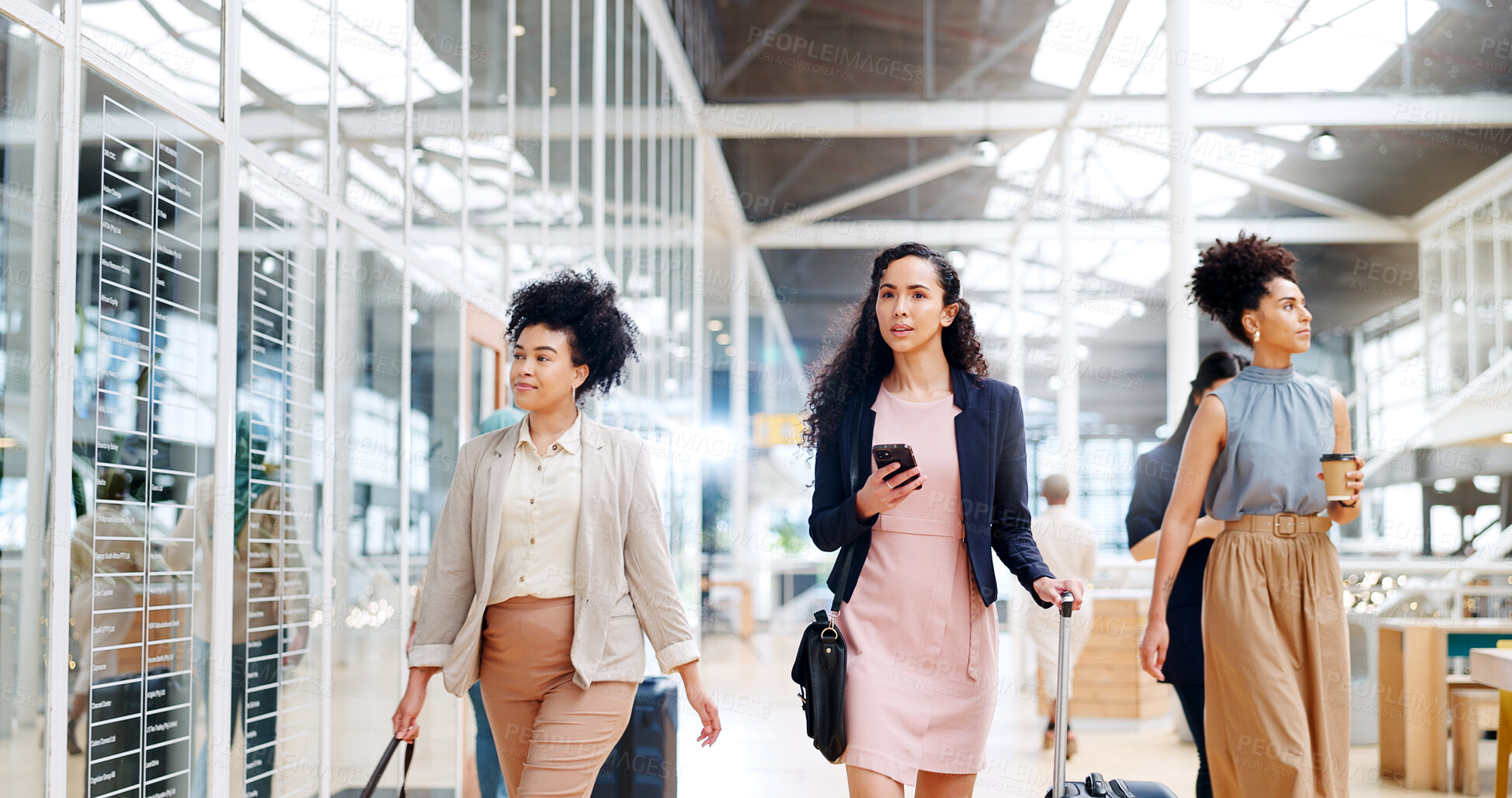 Buy stock photo Airport, travel and woman with phone walking confused, lost or thinking of transportation journey, schedule or arrival. International, business and people search for trip, app information and flight 