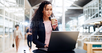 Coffee, laptop and business woman in airport waiting for flight, departure and working for business trip. Corporate travel, career and girl on computer for international, global and overseas project