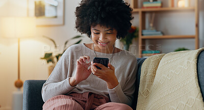 Social media phone, happy email and black woman with smile for mobile app notification, reading news on the internet and chat on the web. African girl in communication on smartphone on lounge sofa