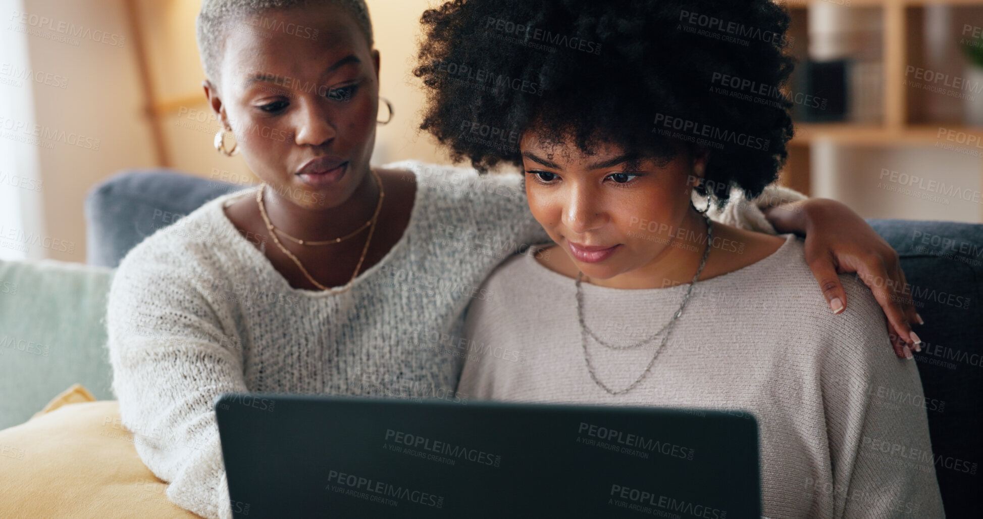 Buy stock photo Lgbtq couple home and women with a laptop, online shopping and discount deal with network, connection and website info. Black people, internet or girls with a pc, ecommerce or banking with fintech